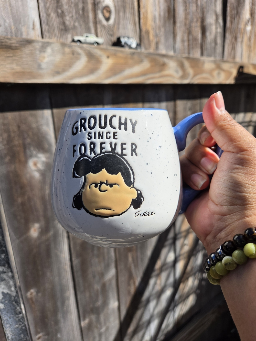 Gibson White Speckled 'Grouchy Since Forever' Mug with Blue Handle